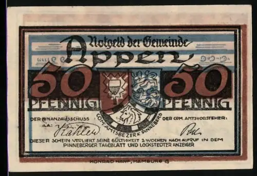 Notgeld Appen, 50 Pfennig, Wappen und Eichenbaum-Motiv