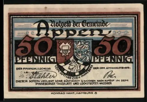 Notgeld Appen, 50 Pfennig, Wappen und Baumlandschaft mit Gedicht