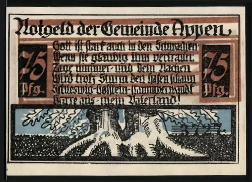 Notgeld Appen, 75 Pfennig, Landschaft mit Burg und Wappen von Appen und Pinneberg