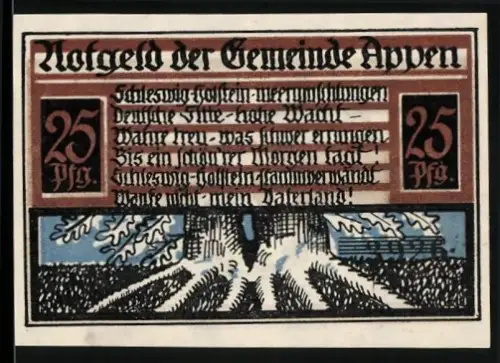 Notgeld Appen, 25 Pfennig, Schriftzug und Landschaftsmotiv mit Wappen des Amtsbezirks Pinneberg