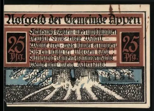 Notgeld Appen, 25 Pfennig, Landschaftsmotiv und Wappen von Appen und Pinneberg