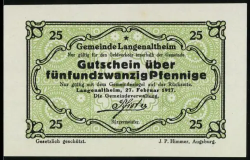 Notgeld Langenaltheim 1917, 25 Pfennig, grünes Ornamentmuster mit Gemeindesiegel
