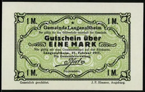Notgeld Langenaltheim 1917, 1 Mark, grünes Ornamentmuster mit Gemeinde-Siegel
