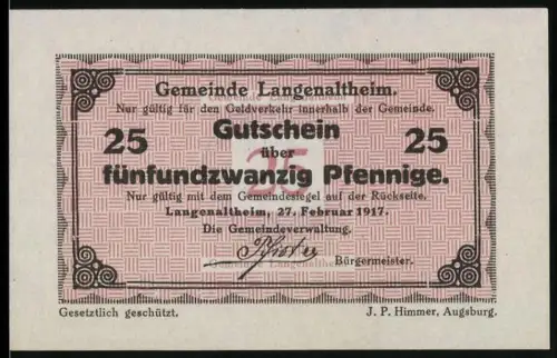 Notgeld Langenaltheim 1917, 25 Pfennig, Gutschein mit Gemeindesiegel und floralem Muster