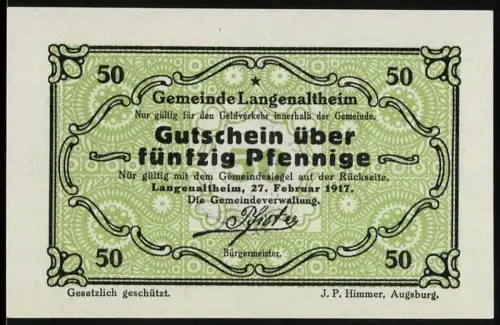 Notgeld Langenaltheim 1917, 50 Pfennig, florales Muster und Gemeindesiegel