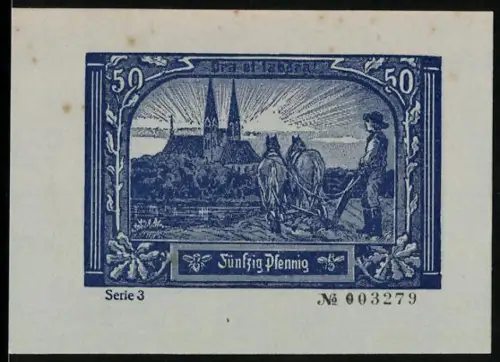 Notgeld Neuruppin 1921, 50 Pfennig, Pflügender Bauer vor Ortsansicht und Zitat mit Landschaftsmotiv