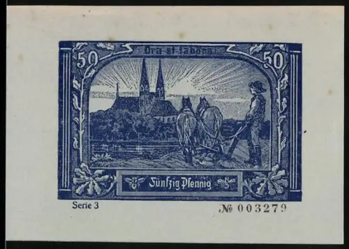 Notgeld Neuruppin 1921, 50 Pfennig, Pflüger mit Pferd und Fontane-Denkmal