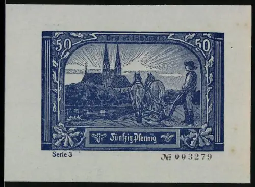Notgeld Neuruppin 1921, 50 Pfennig, Pflügender Bauer vor Kirche und Ortsansicht mit Mühlengebäuden