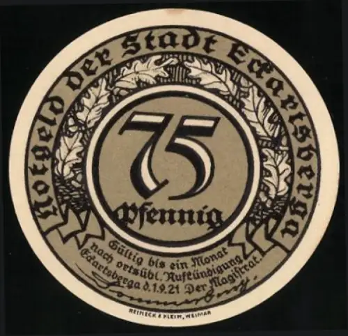 Notgeld Eckartsberga 1921, 75 Pfennig, Porträt eines älteren Mannes mit Zitat im Kreis