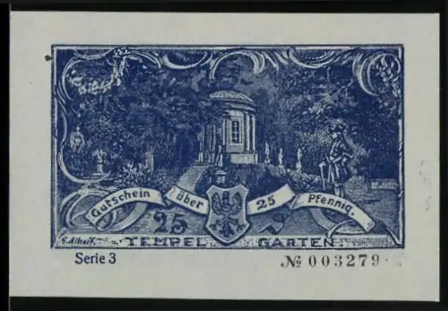 Notgeld Neuruppin 1921, 25 Pfennig, Tempelgarten und Ortsansicht mit Wappen