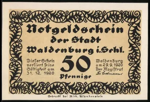 Notgeld Waldenburg i. Schl. 1920, 50 Pfennig, Schulgebäude zum 50-jährigen Jubiläum des Gymnasiums
