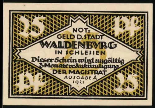 Notgeld Waldenburg in Schlesien 1921, 25 Pf, geometrische Muster und Textdesign