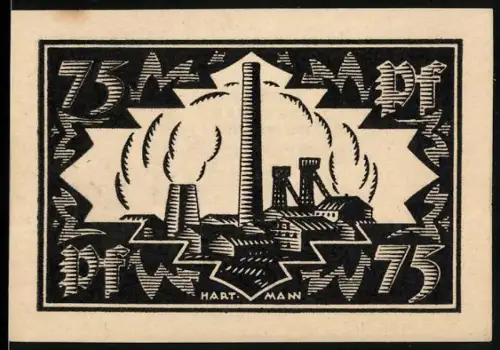 Notgeld Waldenburg /Schl. 1921, 75 Pf, Industrieanlage mit Schornstein und Bäumen