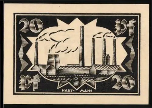 Notgeld Waldenburg /Schl. 1921, 20 Pf, Industrieanlage mit Schornsteinen und Rauchwolken