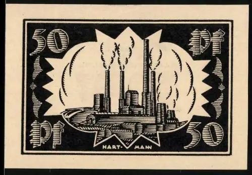 Notgeld Waldenburg /Schl. 1921, 50 Pf, Industrielandschaft mit rauchenden Schornsteinen