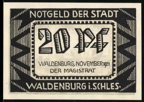 Notgeld Waldenburg i. Schles. 1921, 20 Pf, Industrielandschaft mit Schloten und Fabriken
