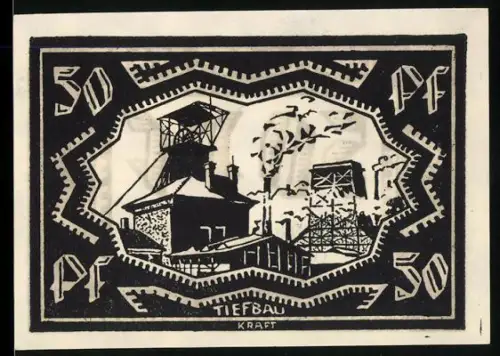 Notgeld Waldenburg i. Schles. 1921, 50 Pf, Bergwerksanlagen und Förderturm