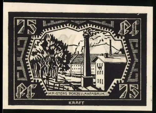 Notgeld Waldenburg i. Schles. 1921, 75 Pf, Krister`s Porzellanfabrik und Fabrikszene
