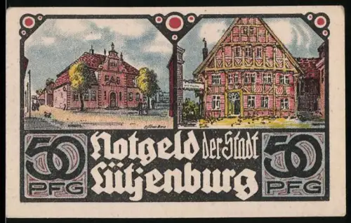 Notgeld Lütjenburg 1921, 50 Pfennig, historische Gebäude und Kirche im Stadtbild