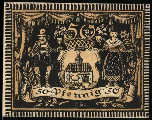 Notgeld Partenkirchen 1921, 50 Pfennig, traditionelles Paar mit Kirchenwappen