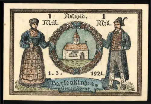 Notgeld Partenkirchen 1921, 1 Mark, Trachtenpaar mit Kirche und Alpenszene