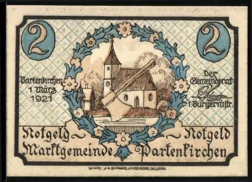 Notgeld Partenkirchen 1921, 2 Mark, Kirche mit Mühle und Berglandschaft