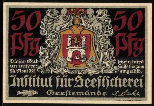 Notgeld Geestemünde 1921, 50 Pfennig, Wappen und Fischer bei der Arbeit, Institut für Seefischerei