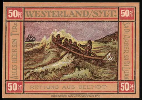 Notgeld Westerland /Sylt 1921, 50 Pf, Rettung aus Seenot, Boot in stürmischer See