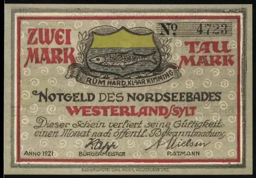 Notgeld Westerland /Sylt 1920, 2 Mark, Wappen mit Fisch und Szene mit Männern und Boot