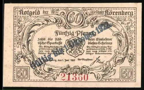 Notgeld Nörenberg 1920, 50 Pfennig, Wappen und ländliches Motiv mit Pferd und Landschaft