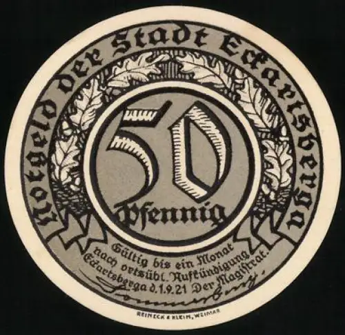 Notgeld Eckartsberga 1921, 50 Pfennig, Porträt eines bärtigen Mannes und dekoratives Muster