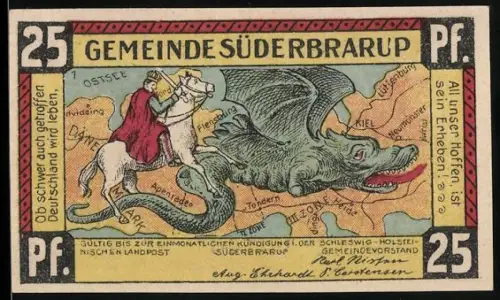 Notgeld Süderbrarup, 25 Pfennig, Reiter bekämpft Drachen, Menschenmenge mit Fahnen vor Gebäude