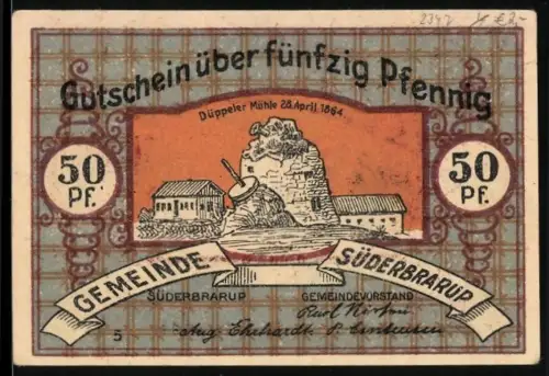 Notgeld Süderbrarup, 50 Pfennig, Zerstörte Düppeler Mühle 1864, Trompeter und Gefechtsszene Missunde 2.2.1864