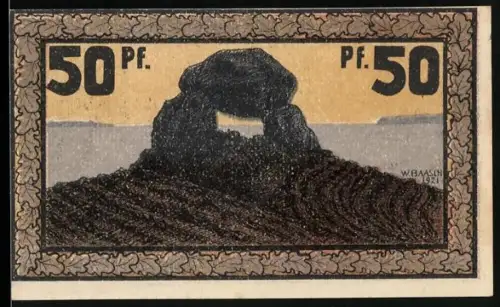Notgeld Eckernförde 1921, 50 Pfennig, Windmühle und Bauernhaus, Hünengrab im Hintergrund
