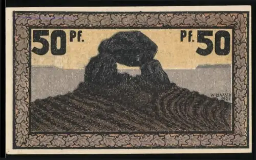Notgeld Eckernförde 1921, 50 Pfennig, Hünengrab und Windmühle, Wappen von Hütten