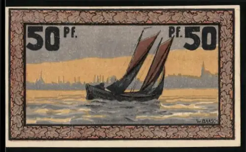 Notgeld Eckernförde 1921, 50 Pfennig, Segelboot und Fischmotiv mit Stadtwappen