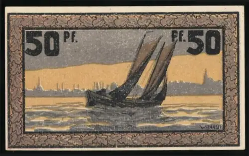 Notgeld Eckernförde 1921, 50 Pfennig, Segelschiff und Fischmotive mit Stadtwappen