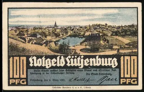 Notgeld Lütjenburg 1921, 100 Pfennig, Ortsansicht, Wappen von Lüneburg