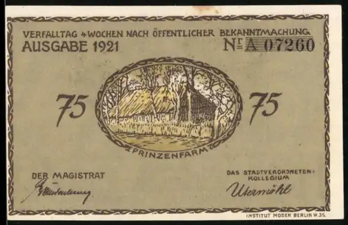 Notgeld Plön 1921, 75 Pfennig, Prinzenfarm und Herzogslusthus-Motiv