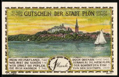 Notgeld Plön 1921, 1 Mark, Segelboot und Ortsansicht, Stadtwappen mit Strahlenkranz