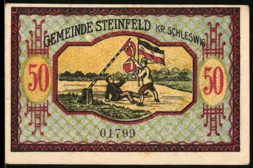 Notgeld Steinfeld /Schleswig 1920, 50 Pfennig, Vorfall an deutsch-dänischer Grenze, Porträt und Wappen