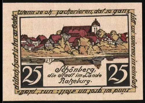 Notgeld Schönberg /Ratzeburg 1921, 25 Pfennig, Ortsansicht mit Kirche und Fachwerkhäusern