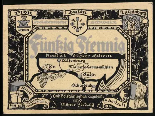 Notgeld Plön 1921, 50 Pfennig, Landschaftsansicht Siebenstern mit See und Wald