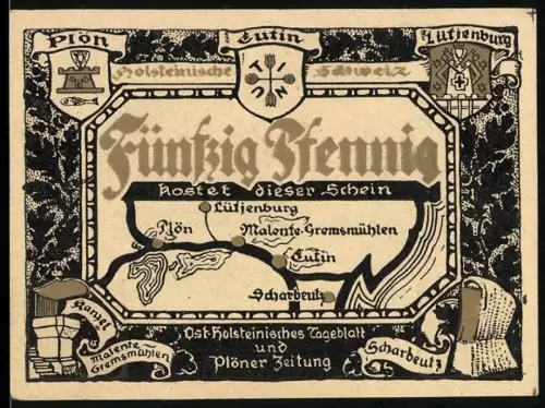 Notgeld Lütjenburg, 50 Pfennig, Landschaft mit Turm Hessenstein