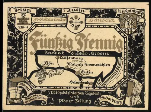 Notgeld Scharbeutz, 50 Pfennig, Küstenlandschaft mit Segelboot bei Kammer an der Ostsee