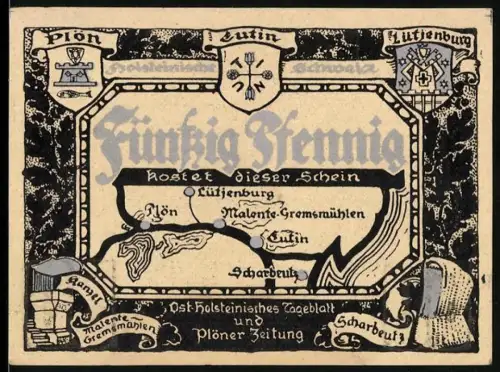 Notgeld Lütjenburg, 50 Pfennig, Karte und Silhouette von Hessenstein mit Gedicht
