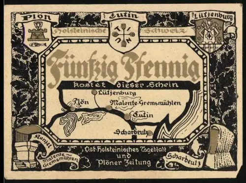 Notgeld Malente-Gremsmühlen, 50 Pfennig, Karte und Uglei-See mit Gedicht