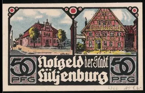 Notgeld Lütjenburg 1921, 50 Pfennig, Fachwerkgebäude und Kirchturmansicht