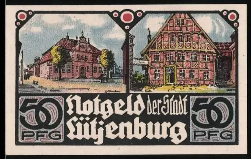 Notgeld Lütjenburg 1921, 50 Pfennig, historische Gebäude und Kirche