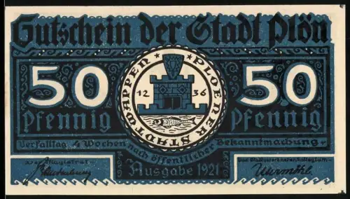 Notgeld Plön 1921, 50 Pfennig, Stadtwappen und Szene aus dem Wendenkrieg 1074-1139